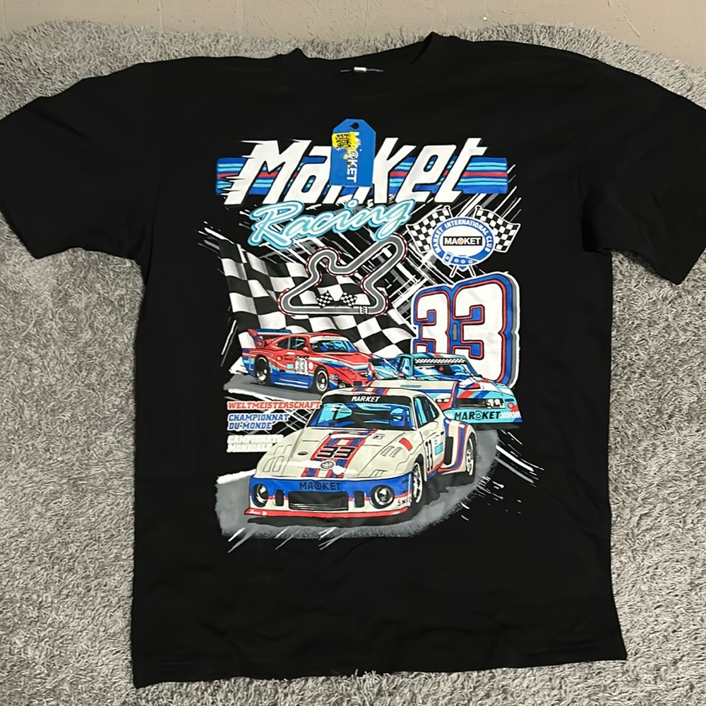 MARKET car design motto on front size M NWOT black background